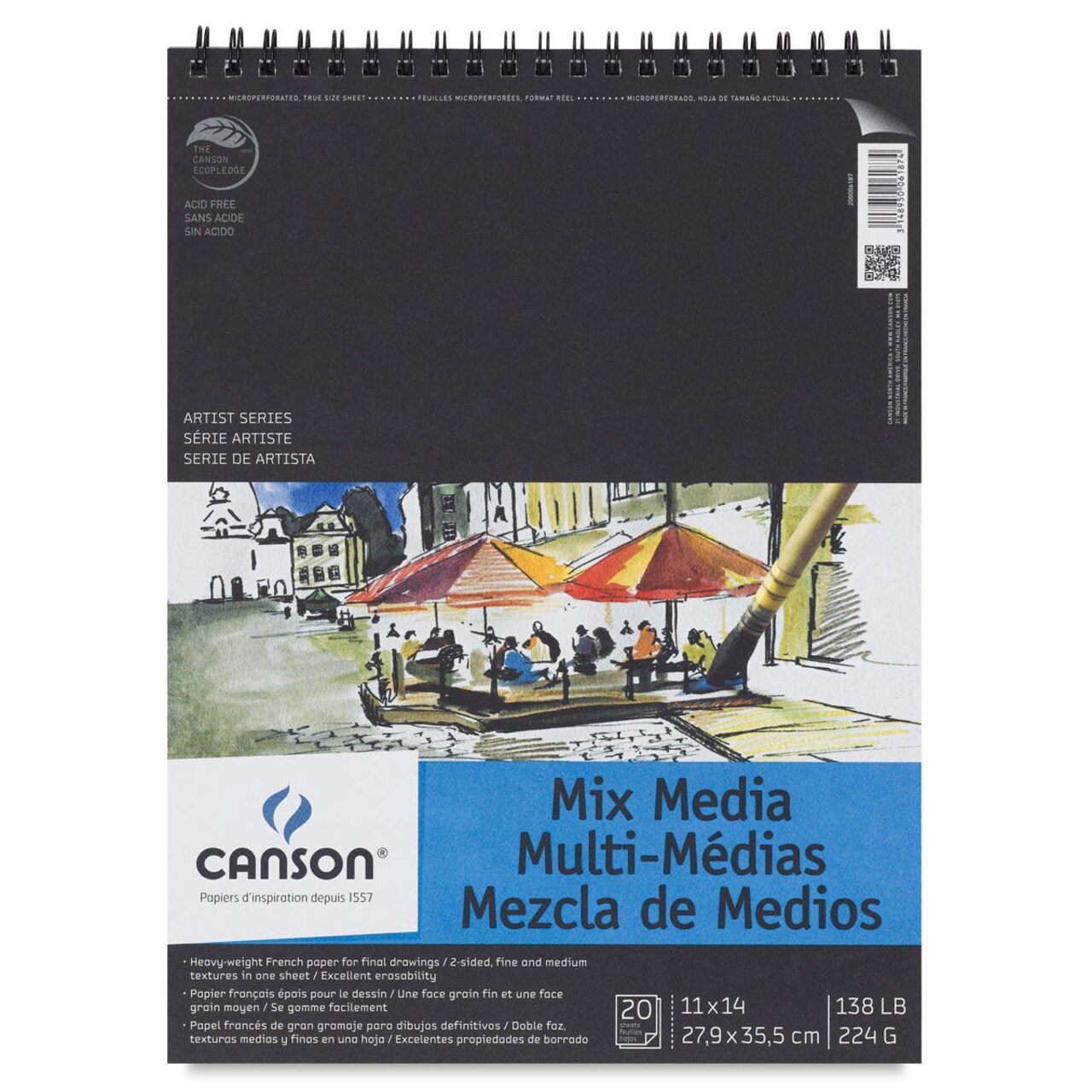 Canson Artist Series Mix Media Pad - , 11" x 14", Portrait, Wirebound, 20 Sheets